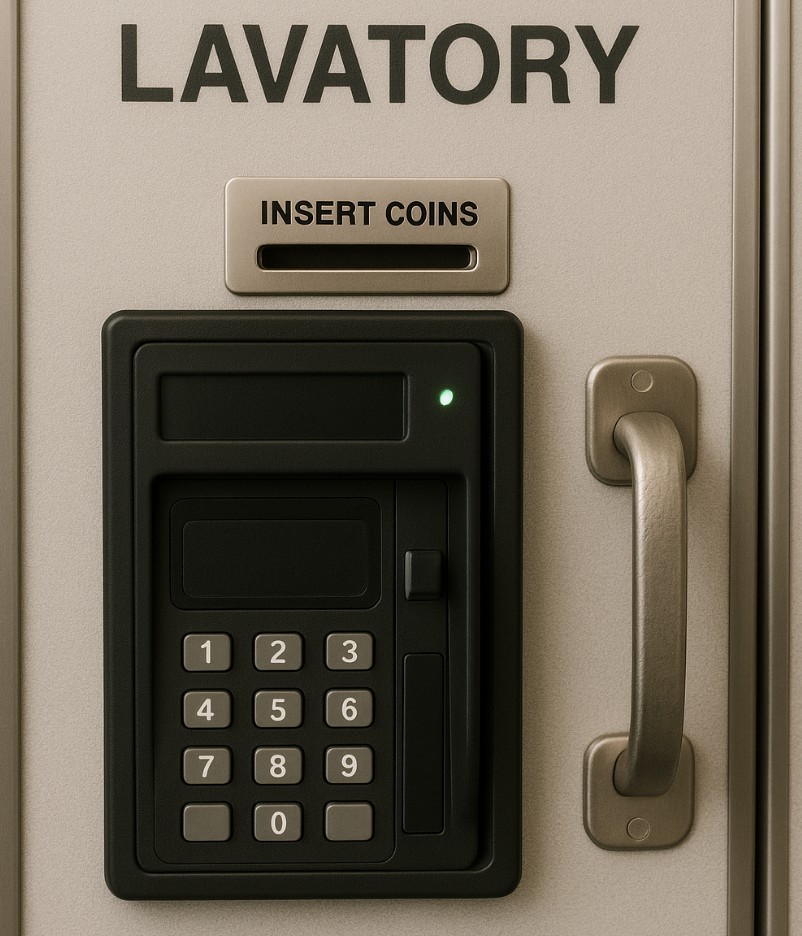 Airplane lavatory door with coin slot and credit card terminal.