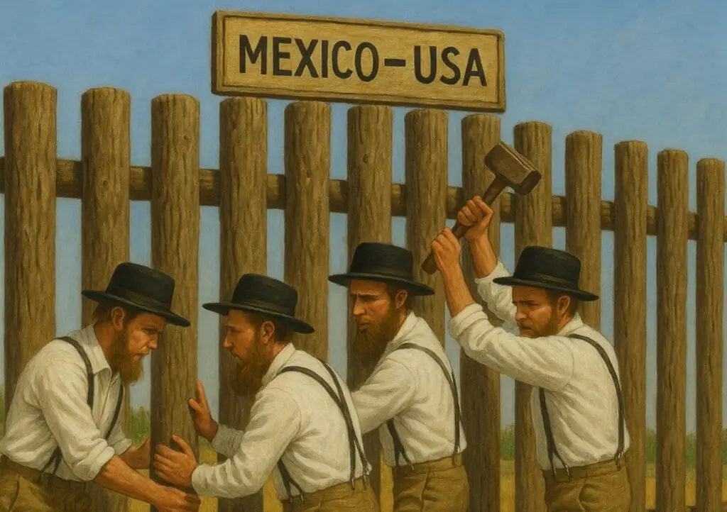 Artistic rendering of Amish men building a border wall out of wood