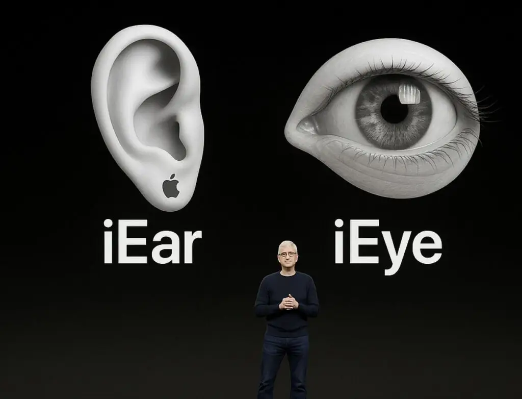Apple CEO Tim Cook on stage announcing new products called iEye and iEar
