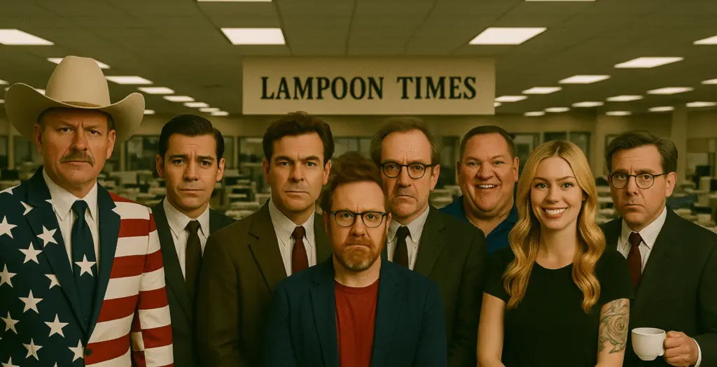 The authors of the Lampoon Times standing in their newsroom.