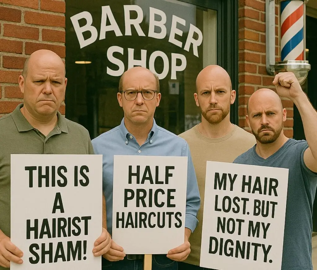 Bald Men protest in front of a barber shop for half price haircuts