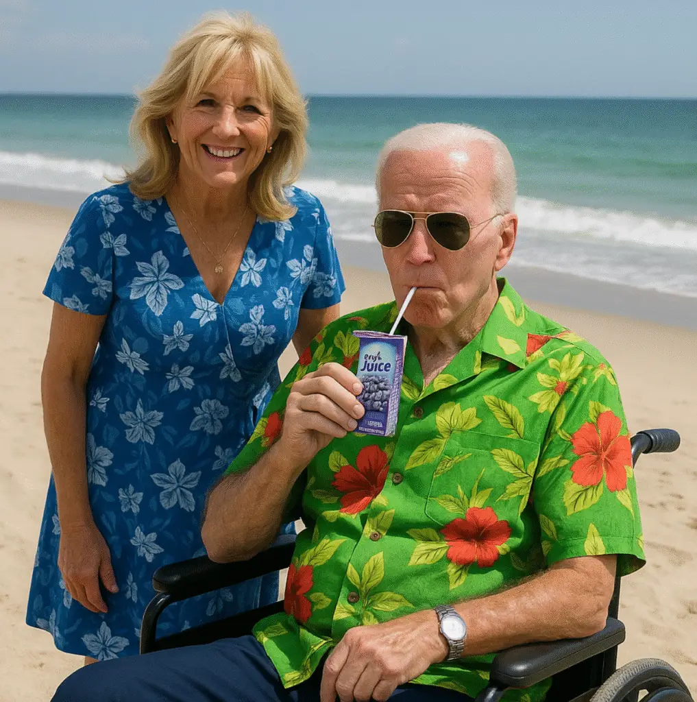 Joe Biden in a wheelchair at the beach drinking a grape juice box. Standing beside him is former First Lady Dr. Jill Biden.