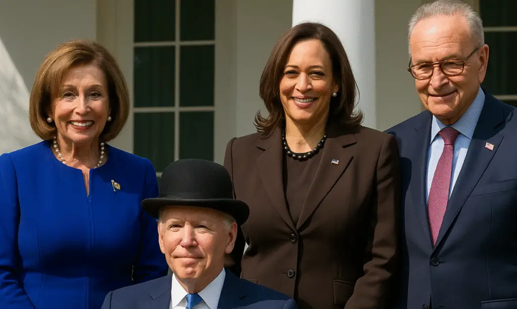 Joe Biden in a wheelchair sitting in the Rose Garden with Kamala Harris, Chuck Schumer and Nancy Pelosi.