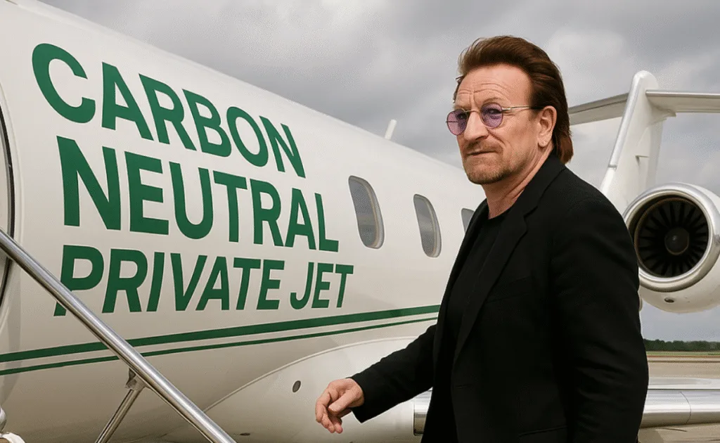 Bono boarding a private jet with a "Carbon Neutral Private Jet" paint scheme.