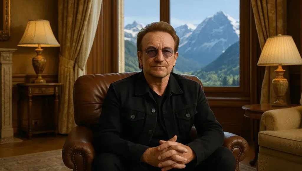 Bono sitting in his home, with the Swiss Alps in the background.
