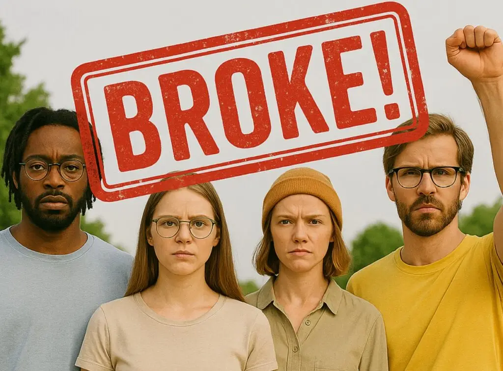 Protesters with a "Broke!" stamp