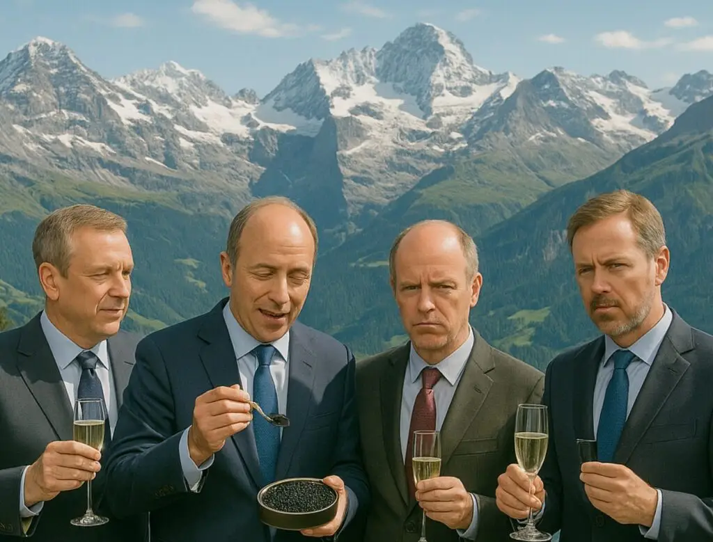 American CEO's standing on patio drinking champagne and eating caviar with the Swiss Alps in the background.
