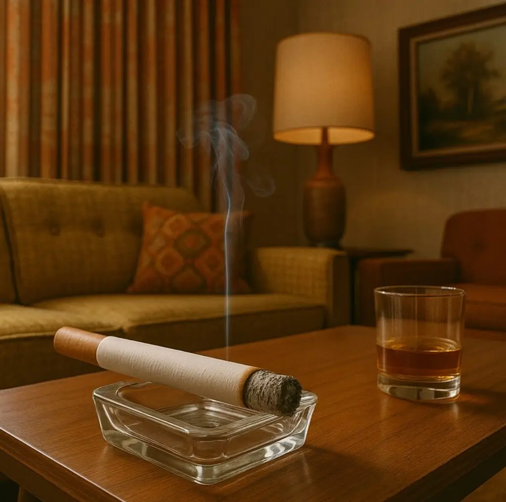 Cigar sized cigarette burning on a coffee table
