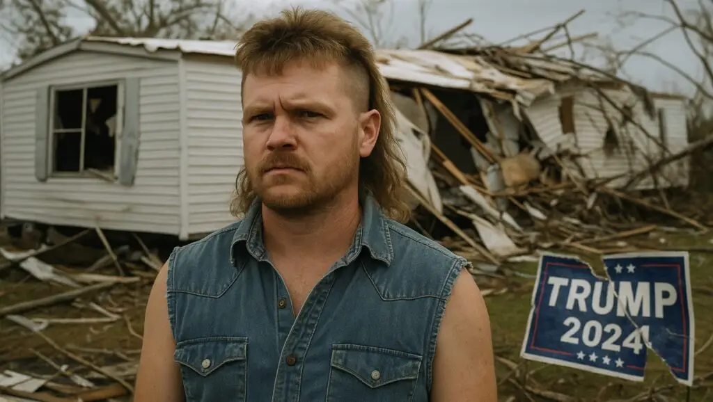 Man stands in front of hurricane damaged mobile home