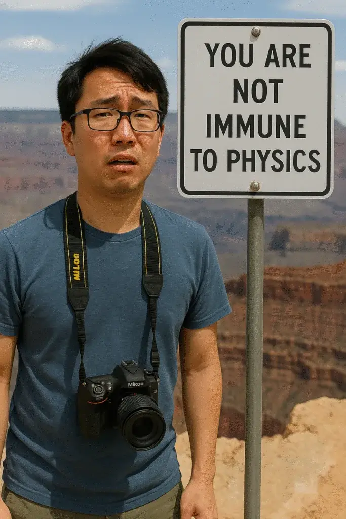 Tourist standing at edge of the Grand Canyon beside a sign reading "You are Not Immune to Physics"