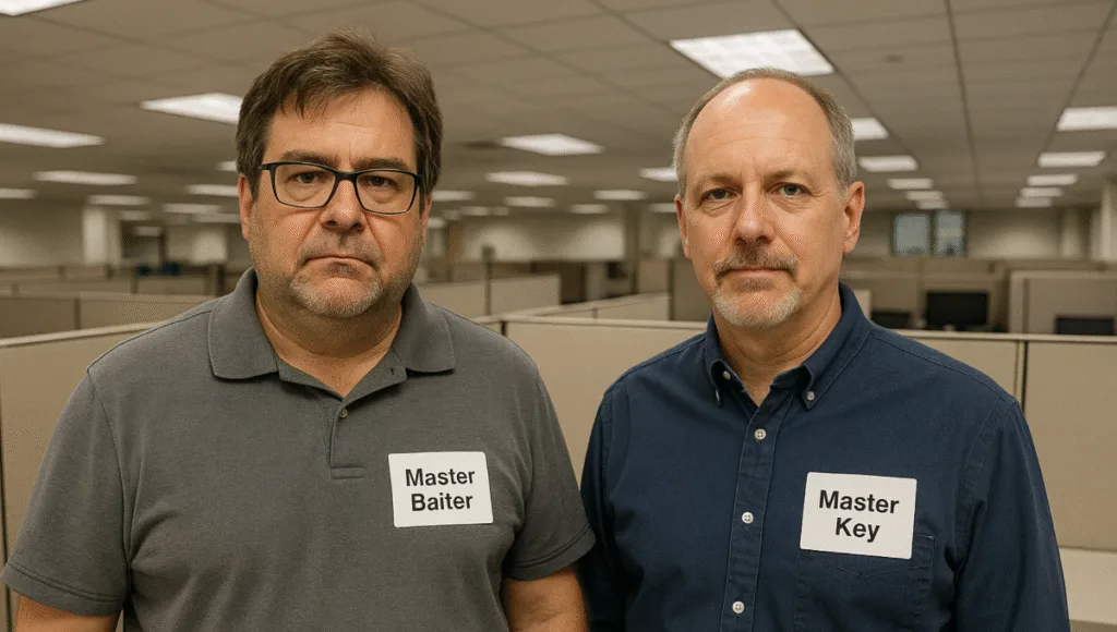 Man refuses to use pronouns. Two men stand in office building using pronoun of Master.