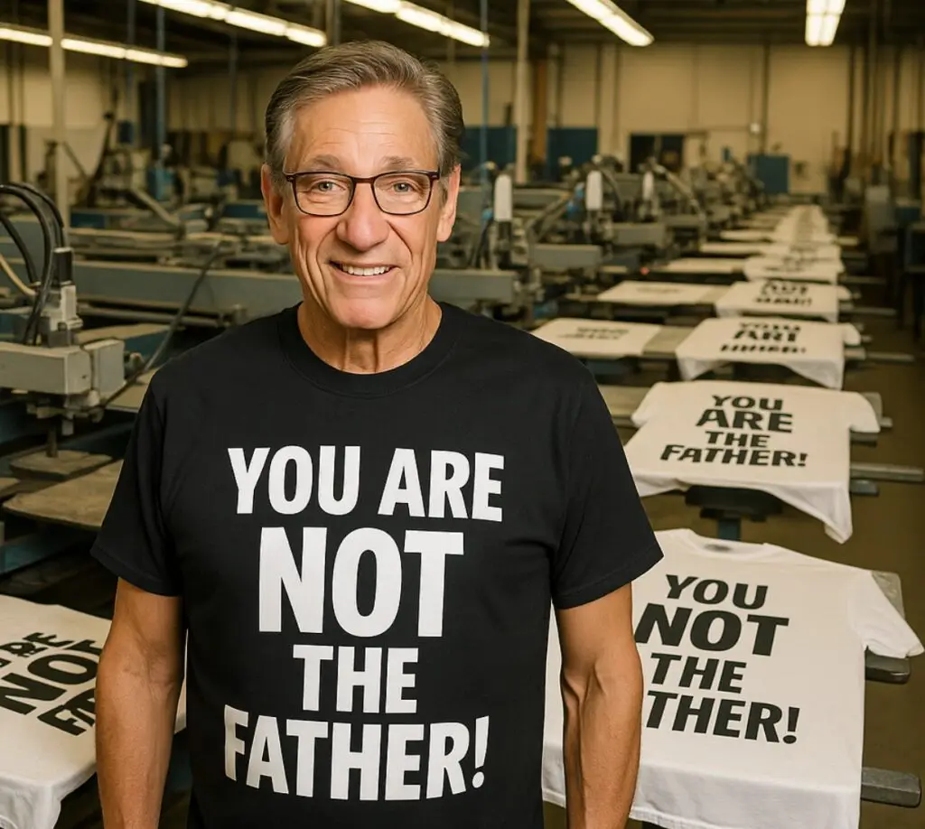 Maury Povich wearing a "You are NOT the Father!" t-shirt at a t-shirt factory.