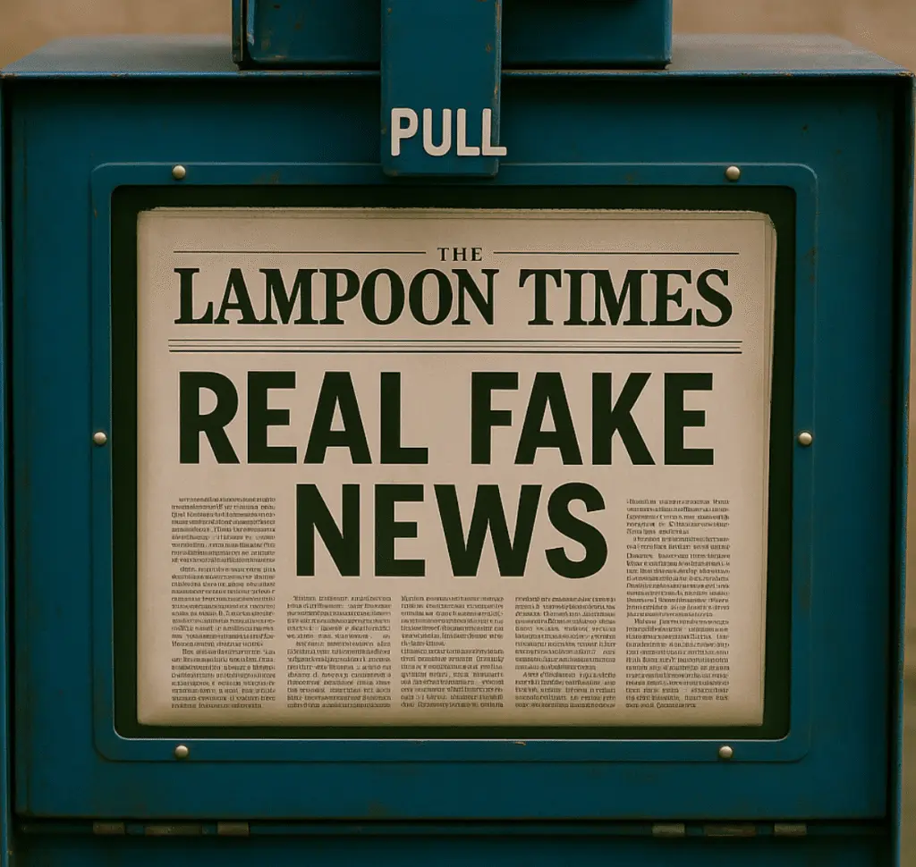 Lampoon Times newspaper in a retro newspaper box. Headline says "Real Fake News".