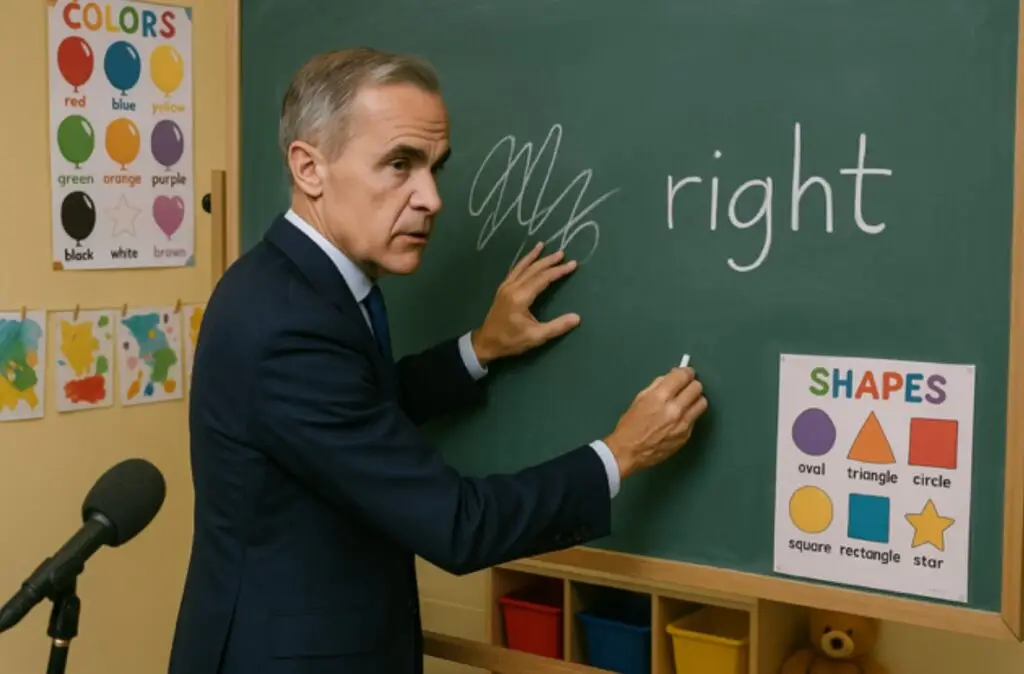 Canadian Prime Minister Mark Carney writing on a chalkboard ambidextrously with both hands