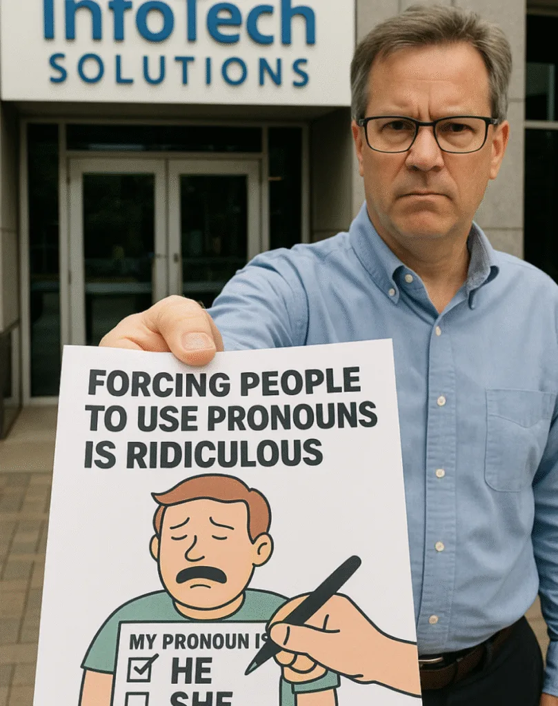 Man protesting mandatory pronoun usage