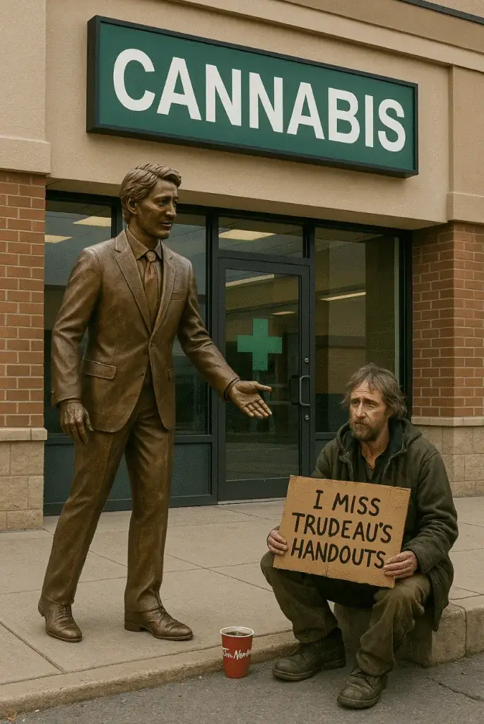 Bronze statue of Prime Minister Justin Trudeau in front of a cannabis store.