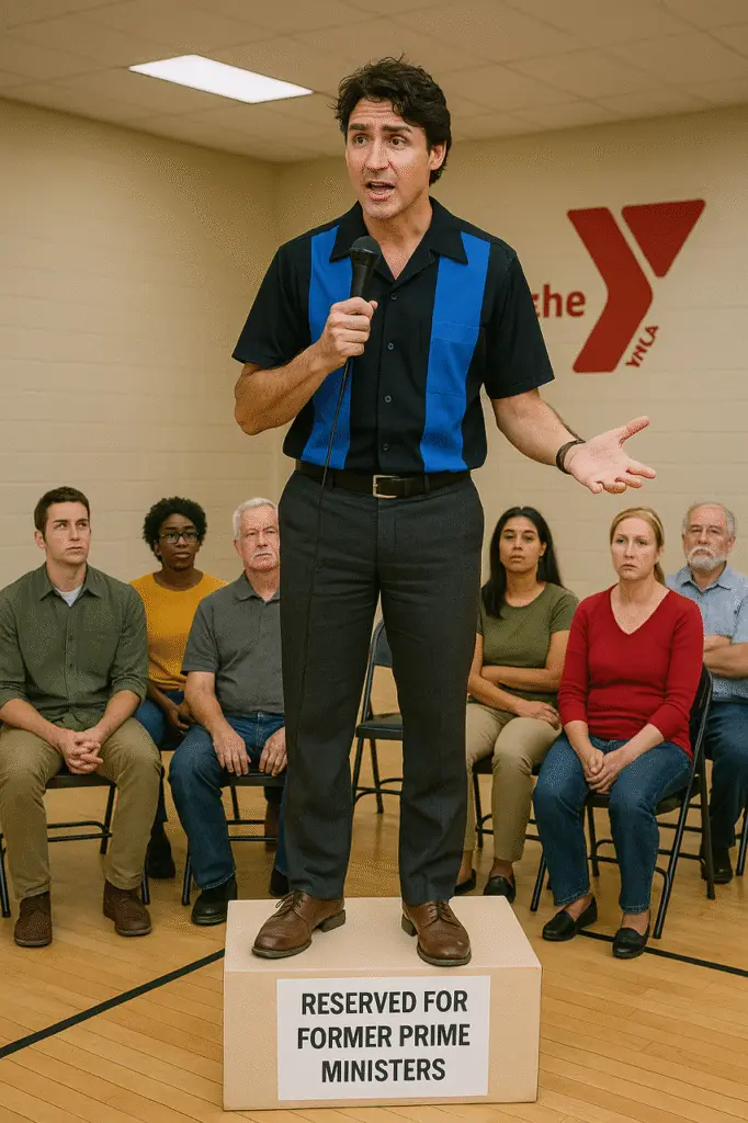 Former Canadian Prime Minister Trudeau standing on a soapbox