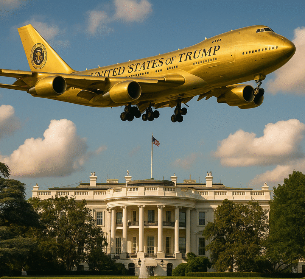New Air Force One, painted gold and labelled United States of Trump flying over the White House in Washington, D.C.