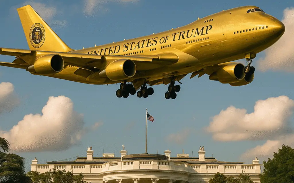 New Air Force One, painted gold and labelled United States of Trump flying over the White House in Washington, DC.