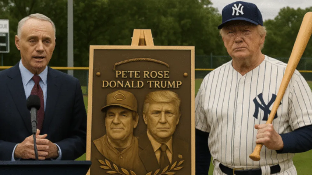 President Trump and MLB Commissioner Rob Manfred at a News Conference announcing Pete Rose's reinstatement to baseball.