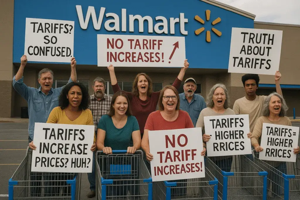 People protest Wal-Mart Price Increses due to tariffs.