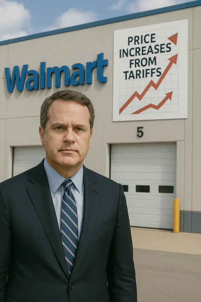 Wal-Mart CEO Doug McMillon standing in front of a Wal-Mart warehouse.