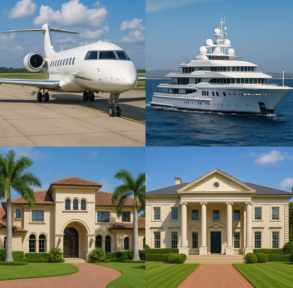 Photo collage of Fortune 500 CEO's personal aircraft, yacht and 2 mansions.
