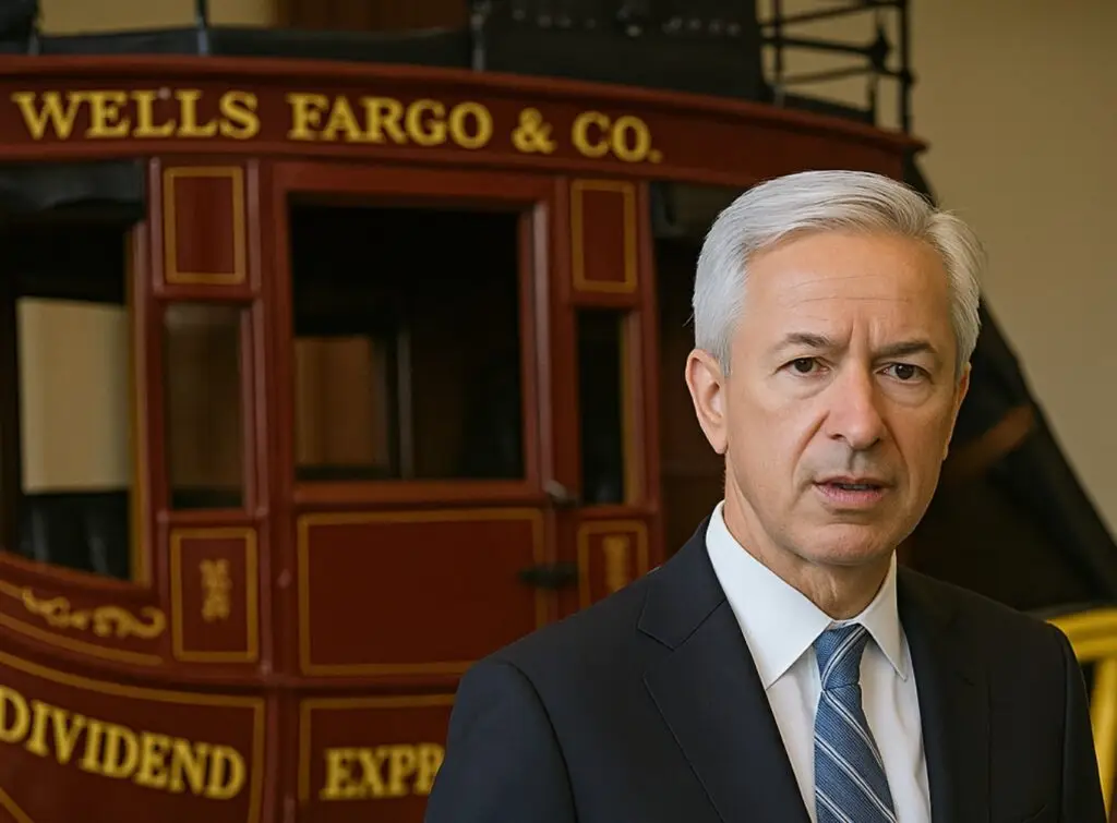 Wells Fargo CEO Charlie Scharf in front of a retro stagecoach