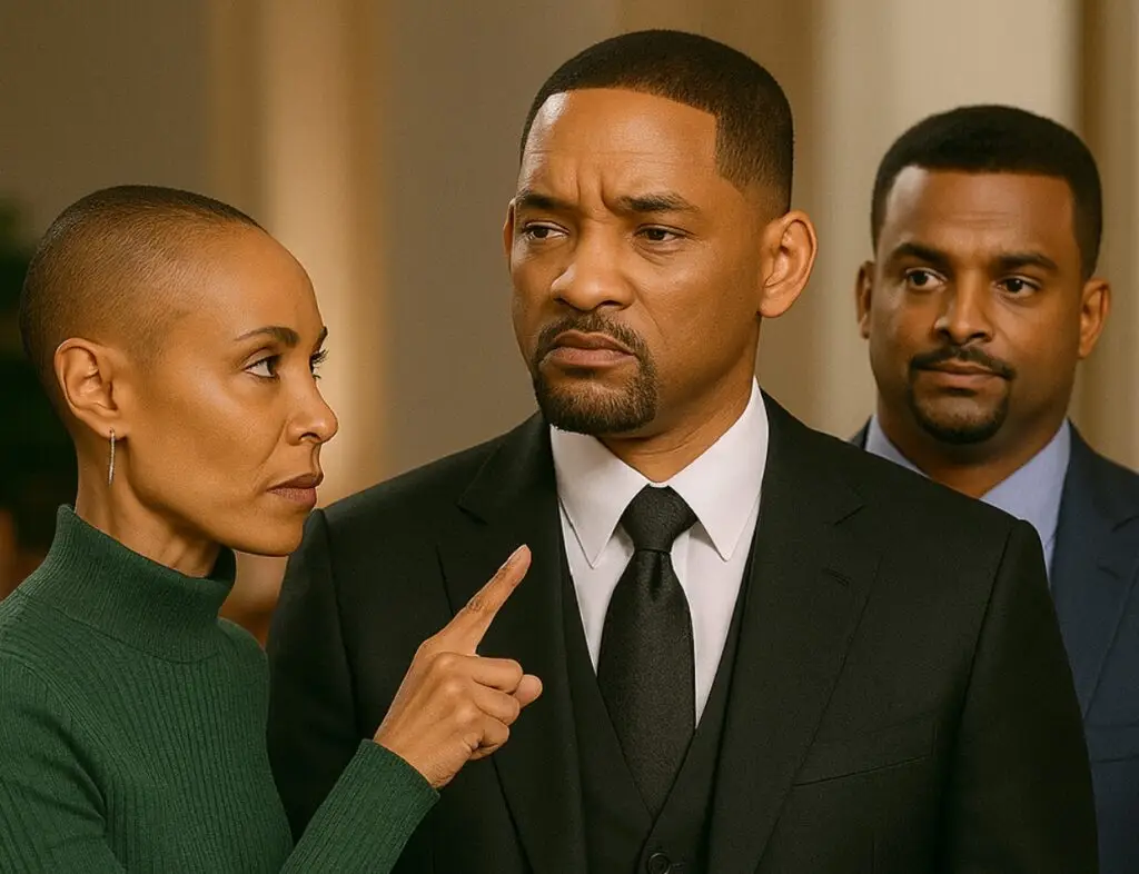 Jada Pinkett-Smith waves finger at husband Will Smith while Carlton from Fresh Prince of Bel-Air looks on
